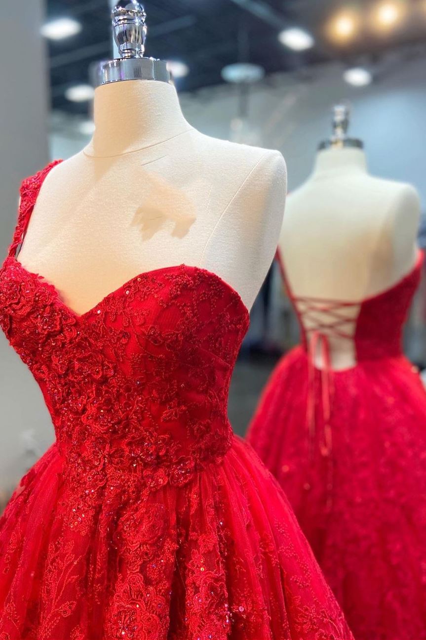 Bridesmaid Dresses Formal, One Shoulder Red A-line Appliques Tulle Formal Evening Gown