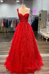Prom Dress2057, One Shoulder Red Lace Prom Dresses, One Shoulder Red Lace Formal Evening Dresses