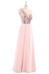 Homecomeing Dresses Short, One Shoulder Rose Gold Sequin and Chiffon Long Bridesmaid Dress