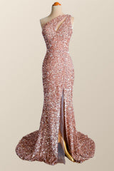 Aesthetic Dress, One Shoulder Rose Gold Sequin Mermaid Long Party Dress