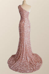 Prom Outfit, One Shoulder Rose Gold Sequin Mermaid Long Party Dress