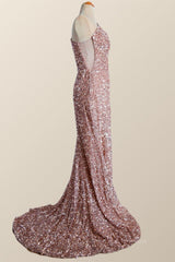 Design Dress, One Shoulder Rose Gold Sequin Mermaid Long Party Dress