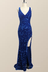 Formal Dress Style, One Shoulder Royal Blue Sequin Slit Long Prom Dress