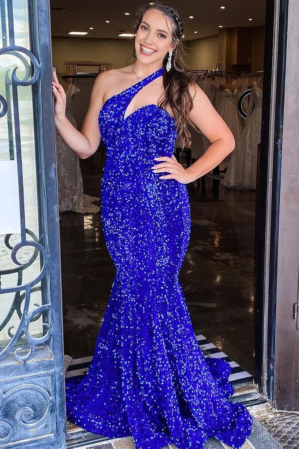 One Shoulder Royal Blue Sparkly Mermaid Sequins Long Prom Dress