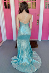 One Shoulder Sequins Mermaid Prom Dress with Slit