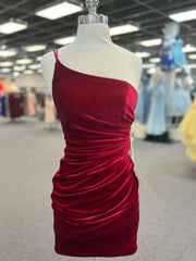 Gold Prom Dress, One Shoulder Short Burgundy Prom Dresses, Wine Red Short Formal Homecoming Dresses