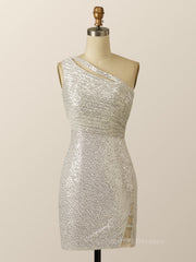 Floral Dress, One Shoulder Silver Sequin Bodycon Dress