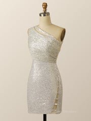 Yellow Prom Dress, One Shoulder Silver Sequin Bodycon Dress