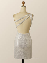 Vintage Prom Dress, One Shoulder Silver Sequin Bodycon Dress