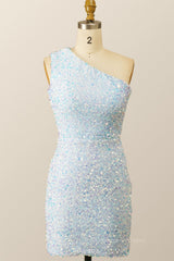 Party Dress, One Shoulder Sky Blue Sequin Bodycon Mini Dress