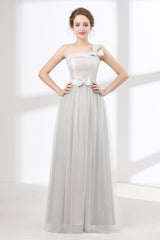 Party Dresses And Jumpsuits, One Shoulder Soft Gray Floor Length Prom Dresses
