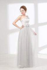 Dinner Outfit, One Shoulder Soft Gray Floor Length Prom Dresses