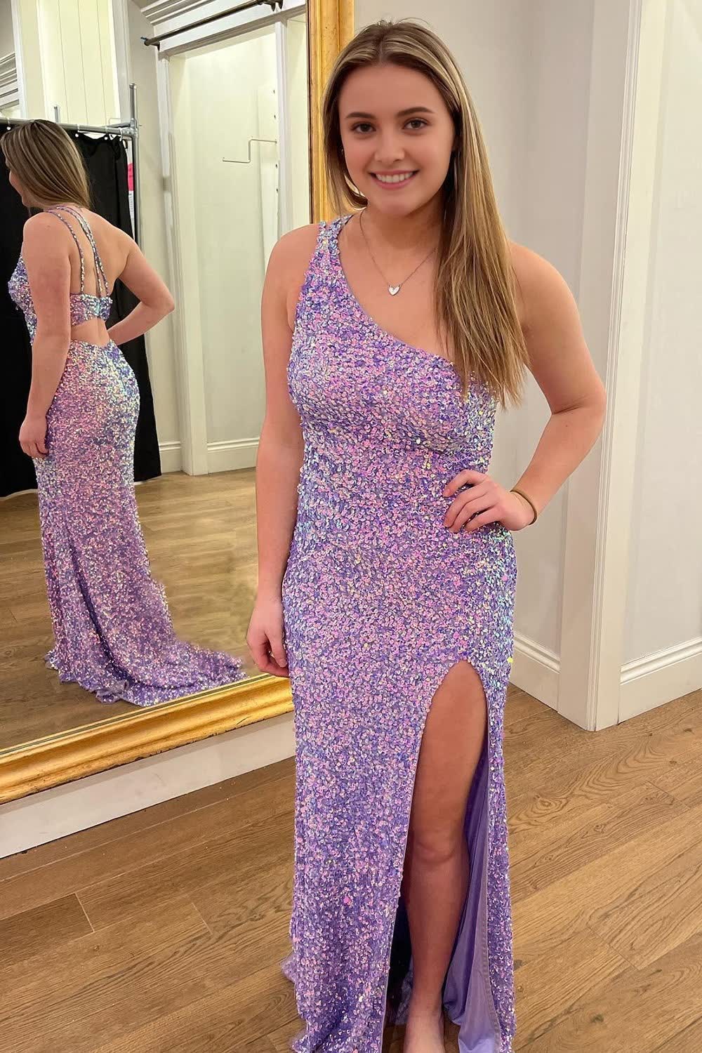 One Shoulder Sparkly Lilac Sequins Long Prom Dress with Slit
