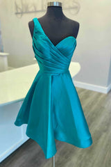 Black Gown, One Shoulder Teal Blue Ruched A Line Homecoming Dress Cocktail Dresses