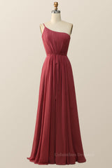 Formal Dress Vintage, One Shoulder Terracotta Chiffon Long Bridesmaid Dress