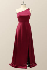 Bridesmaid Dress Floral, One Shoulder Wine Red Satin A-line Formal Dress