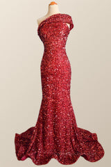 Party Dresses And Tops, One Shoulder Wine Red Sequin Mermaid Party Dress
