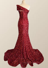 Party Dresses Online Shop, One Shoulder Wine Red Sequin Mermaid Party Dress
