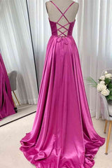 Party Dress Code, Open Back Fuchsia Satin Ruched Long Prom Dress, Long Fuchsia Formal Graduation Evening Dress