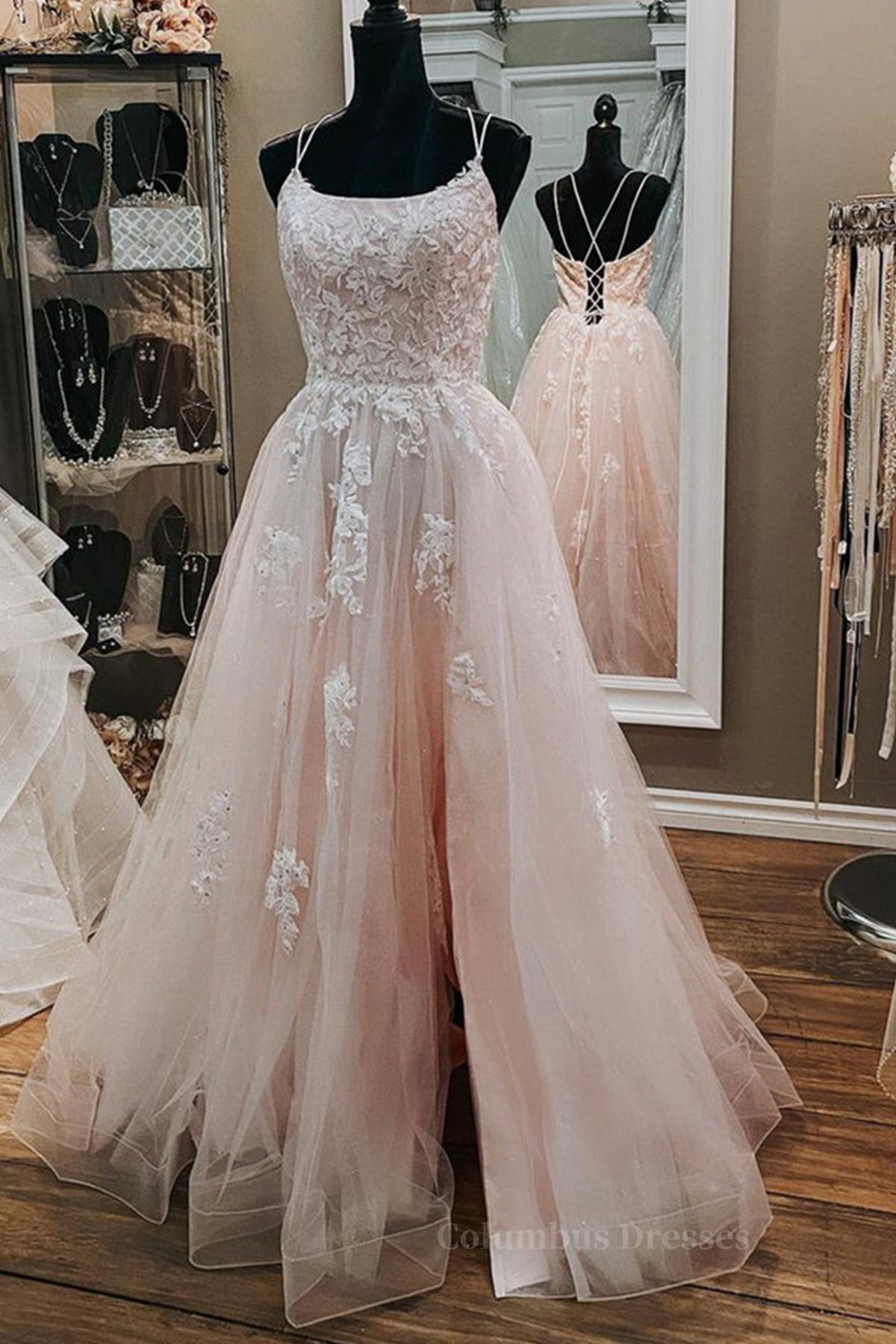 Bridesmaids Dresses Wedding, Open Back Pink Tulle Lace Long Prom Dress with Appliques, Pink Lace Formal Graduation Evening Dress
