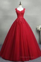 Bridesmaid Dress Modest, Open Back Red Lace Long Prom Dress, Red Lace Formal Evening Dress, Red Ball Gown