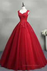 Bridesmaids Dresses Modest, Open Back Red Lace Long Prom Dress, Red Lace Formal Evening Dress, Red Ball Gown