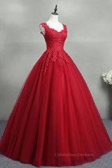 Bridesmaid Dresses Mauve, Open Back Red Lace Long Prom Dress, Red Lace Formal Evening Dress, Red Ball Gown