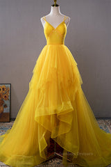 Bridesmaid Dresses Convertible, Open Back V Neck High Low Yellow Tulle Long Prom Dress, High Low Yellow Formal Evening Dress