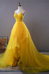 Bridesmaids Dress Convertible, Open Back V Neck High Low Yellow Tulle Long Prom Dress, High Low Yellow Formal Evening Dress