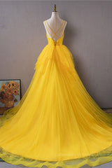 Bridesmaid Dress Convertible, Open Back V Neck High Low Yellow Tulle Long Prom Dress, High Low Yellow Formal Evening Dress