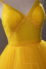 Bridesmaid Dresses, Open Back V Neck High Low Yellow Tulle Long Prom Dress, High Low Yellow Formal Evening Dress