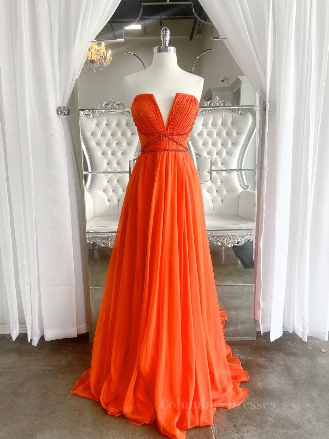Formal Dress Attire For Wedding, Orange Aline chiffon long prom dress, orange long evening dress