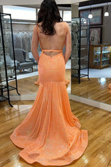 Orange Backless Sequins Mermaid Prom Dress