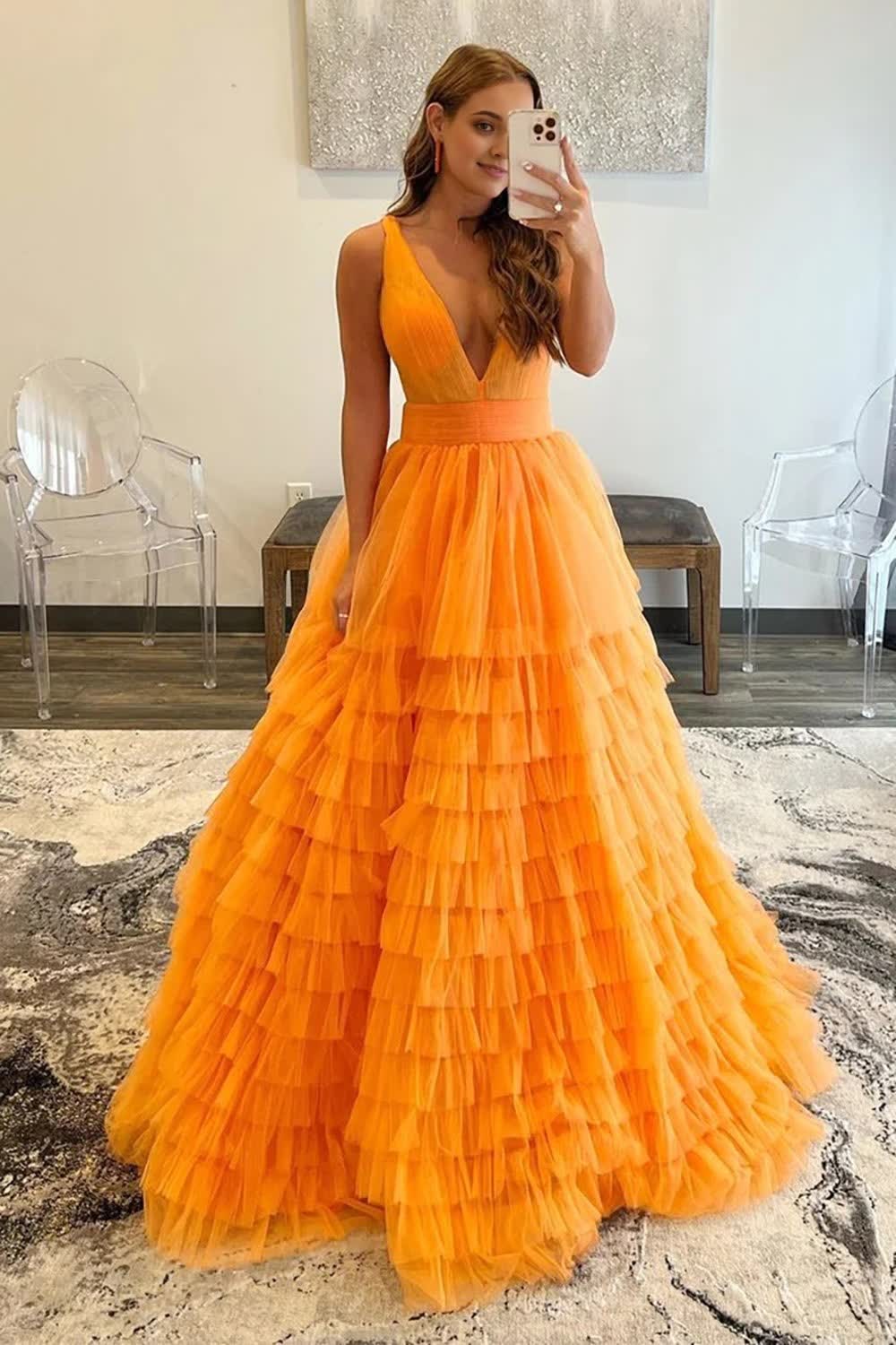 Orange Deep V-Neck Tiered Prom Dress