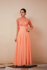 Formal Dress Style, Lace Chiffon Long Zipper Back Mother of the Bride Dresses With Sleeves