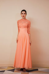 Formal Dress Styles, Lace Chiffon Long Zipper Back Mother of the Bride Dresses With Sleeves
