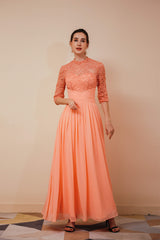 Formal Dresses Style, Lace Chiffon Long Zipper Back Mother of the Bride Dresses With Sleeves