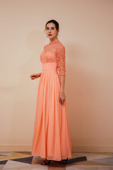 Formal Dresses With Sleeves, Lace Chiffon Long Zipper Back Mother of the Bride Dresses With Sleeves