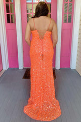 Orange Lace-Up Sequins Prom Dress with Slit