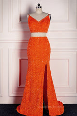 Prom Dresses 2051 Black, Orange Mermaid Spaghetti Straps Sparkly Two-Piece Long Formal Dress