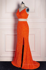 Prom Dresses For Chubby Girls, Orange Mermaid Spaghetti Straps Sparkly Two-Piece Long Formal Dress