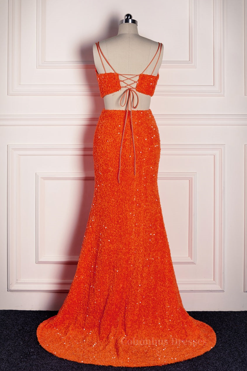 Prom Dress Long With Sleeves, Orange Mermaid Spaghetti Straps Sparkly Two-Piece Long Formal Dress