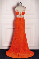Prom Dress Long With Sleeves, Orange Mermaid Spaghetti Straps Sparkly Two-Piece Long Formal Dress