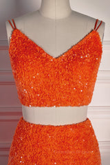 Prom Dresses Long With Sleeves, Orange Mermaid Spaghetti Straps Sparkly Two-Piece Long Formal Dress
