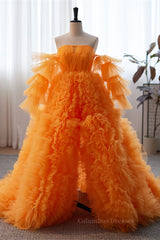 Bridesmaid Dresses Color, Orange Off-the-Shoulder Long Sleeves Ruffles Maxi Formal Dress with Slit