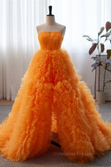Bridesmaid Dresses Colorful, Orange Off-the-Shoulder Long Sleeves Ruffles Maxi Formal Dress with Slit