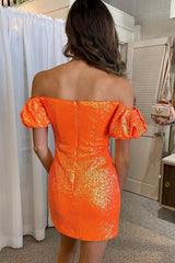 Orange Off the Shoulder Sequins Tight Homecoming Dress with Slit