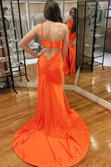 Orange One Shoulder Mermaid Prom Dress with Hollow-Out Back