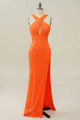 Wedding Dress, Orange Sequin Cross Front Mermaid Long Formal Gown