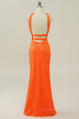 Prom Dress Burgundy, Orange Sequin Cross Front Mermaid Long Formal Gown